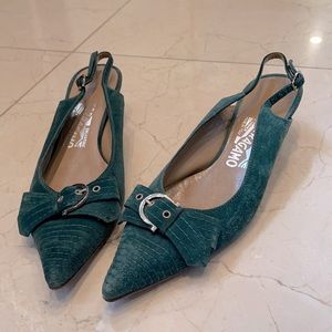 Salvatore Ferragamo green suede kitten heel slingbacks